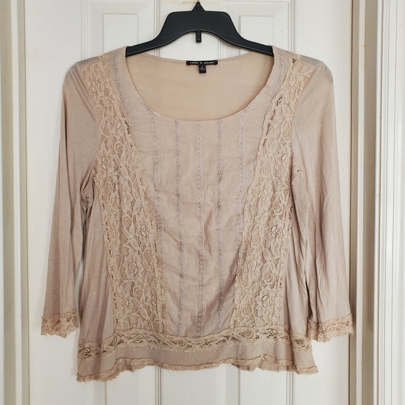 Cable & Gauge Tops - Cable & Gauge Beige Lace Panel Embroidered‎ Long Sleeve Boho Top Womens Medium